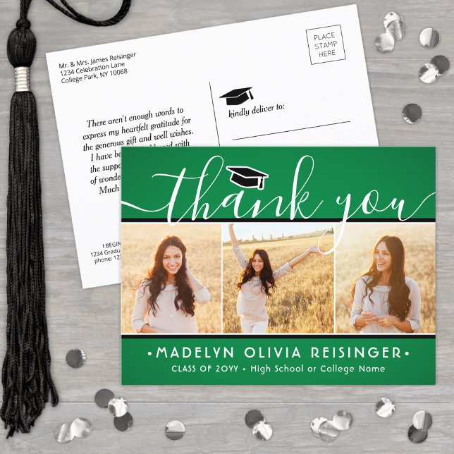 Photo New Address Graduation Green White Thank You Postcard (Creator Uploaded)