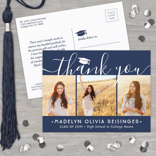 Photo New Address Graduation Navy White Thank You Postcard (Creator Uploaded)
