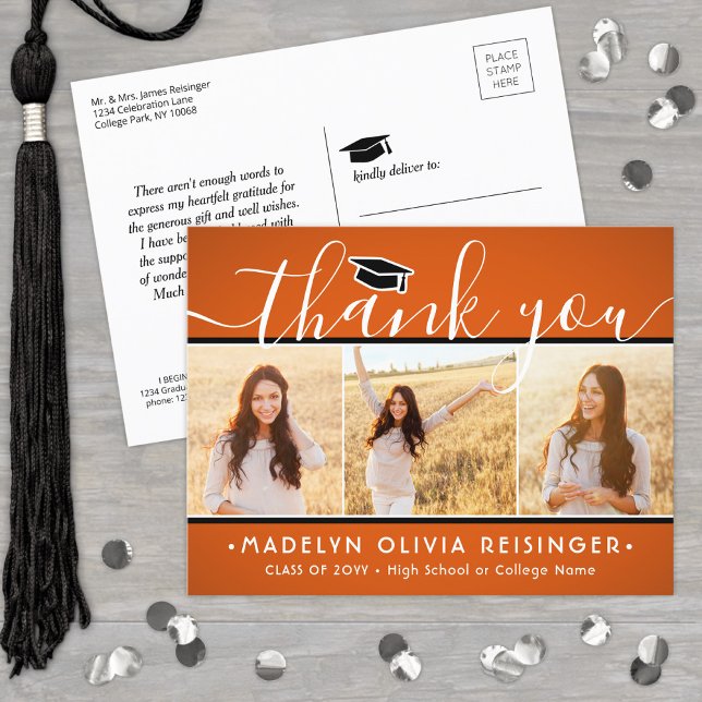 Photo New Address Graduation Orange Thank You Postcard (Creator Uploaded)