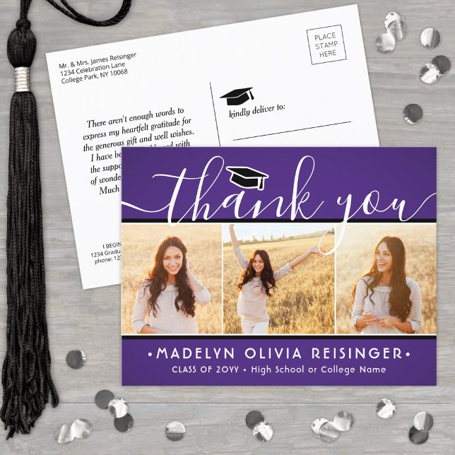 Photo New Address Graduation Purple Thank You Postcard (Creator Uploaded)