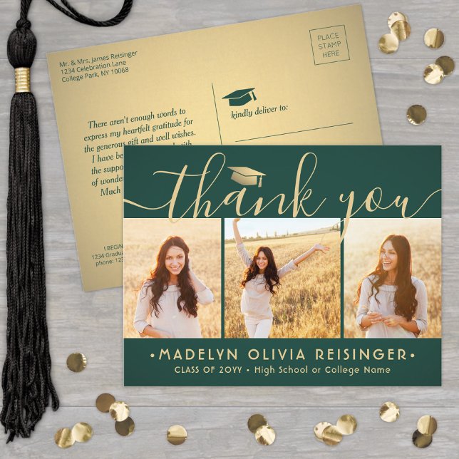 Photo New Address Green Gold Graduation Thank You Postcard (Creator Uploaded)
