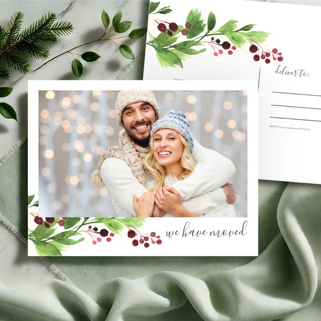 Photo New Home Christmas Postcard (Christmas postcard photo new address moving announcement watercolor art by Victoria Grigaliunas)