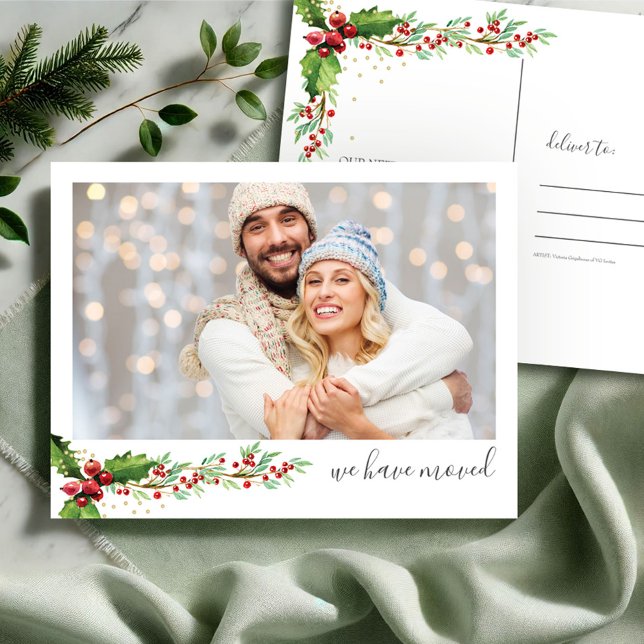 Photo New Home Christmas Postcard (Christmas photo postcard watercolor red and green botanicals moving announcement by VG Invites)