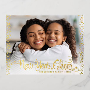 Photo New Year Cheer Script Chic Modern Real Gold Foil Holiday Postcard