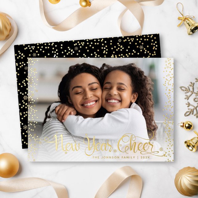 Photo New Year Cheer Script Modern Black Real Gold (Creator Uploaded)