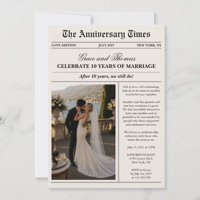 Photo Newspaper Anniversary Wedding Invitation (Front)