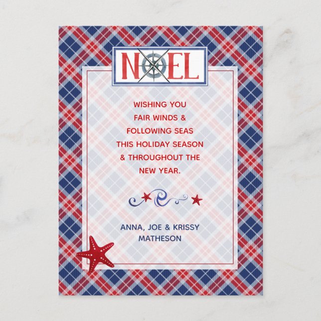Photo NOEL Nautical Fair Winds Red Plaid Holiday Postcard (Front)