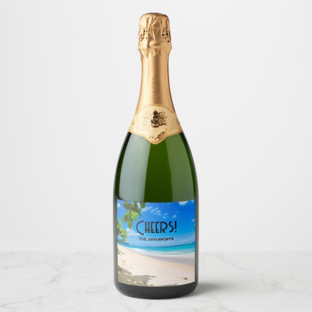 Photo of a Beautiful Sunny Tropical Beach Cheers Sparkling Wine Label (Front)