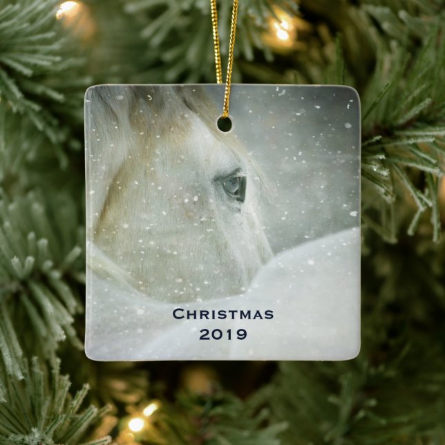 Photo of a Beautiful White Horse in Winter Ceramic Ornament (Tree)