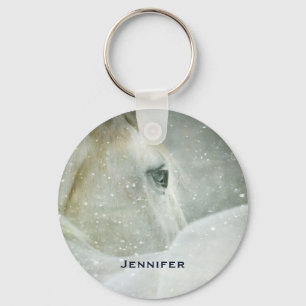 Photo of a Beautiful White Horse in Winter Key Ring