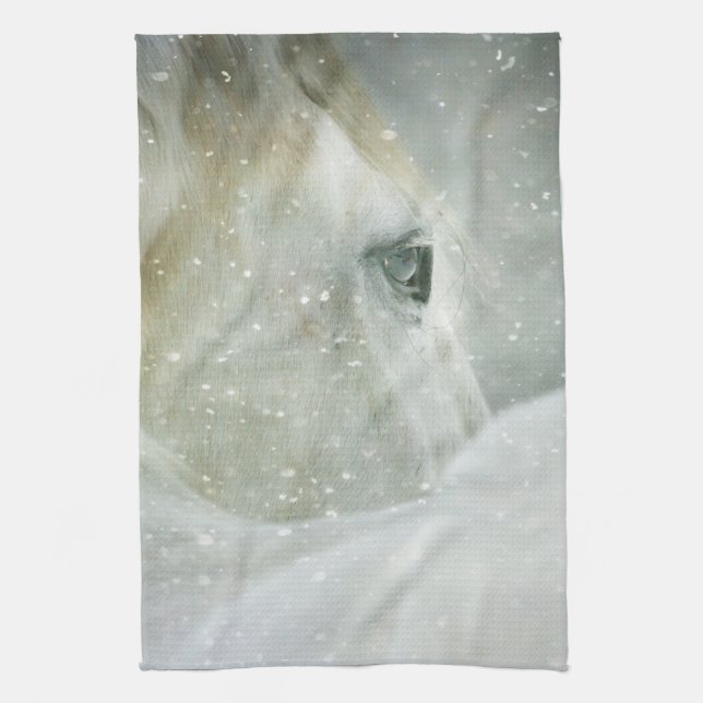 Photo of a Beautiful White Horse in Winter Tea Towel (Vertical)