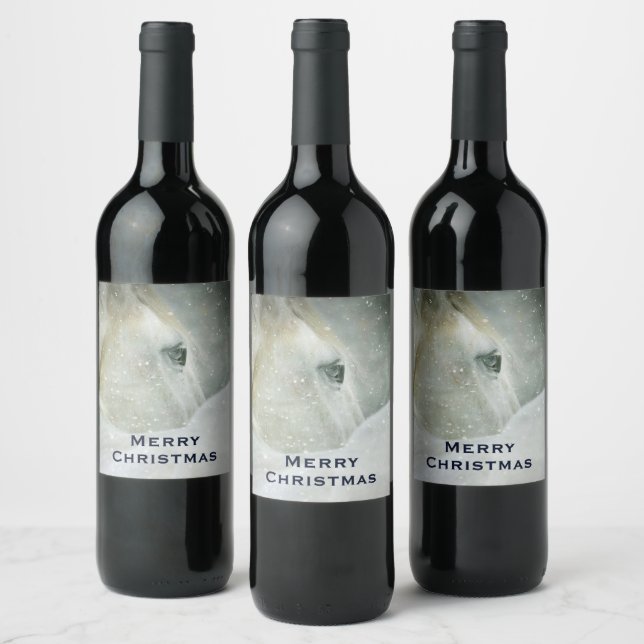 Photo of a Beautiful White Horse in Winter Wine Label (Bottles)