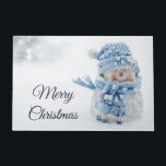 Photo of a Cute Snowman in Winter - Christmas Doormat<br><div class="desc">Doormat with a cute photograph of a little snowman. Standing outside in the winter with snow falling all around. This cute little guy is dressed up in blue knitted hat and scarf.</div>