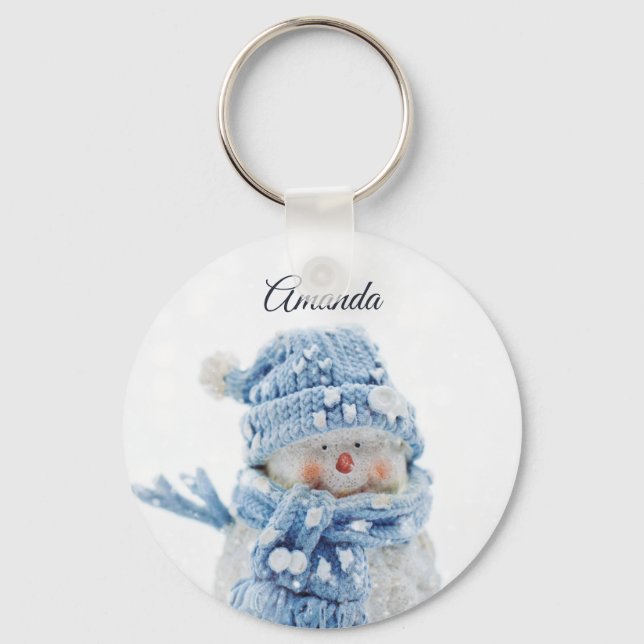 Photo of a Cute Snowman in Winter - Christmas Key Ring (Front)