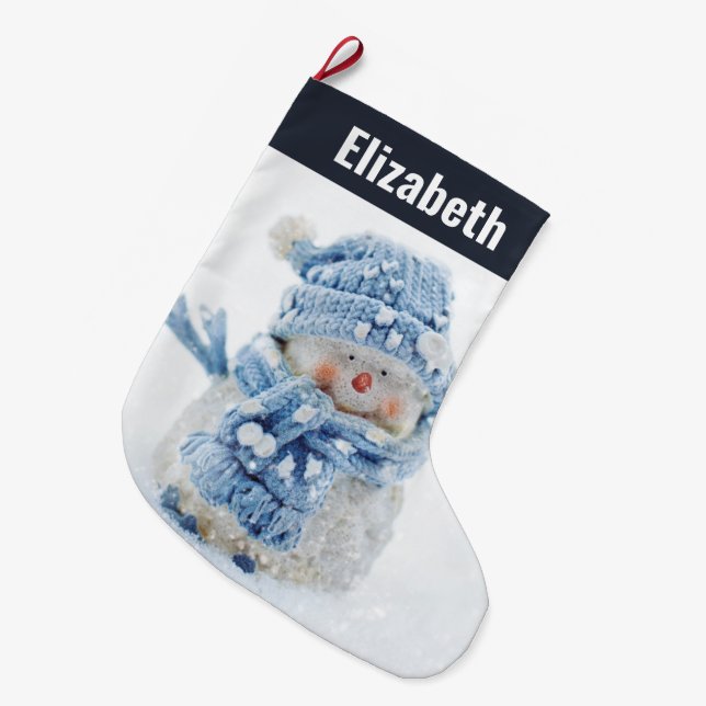 Photo of a Cute Snowman in Winter - Christmas Large Christmas Stocking (Front (Hanging))