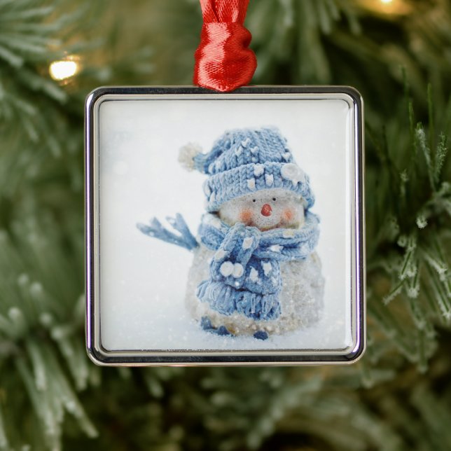 Photo of a Cute Snowman in Winter - Christmas Metal Tree Decoration (Tree)