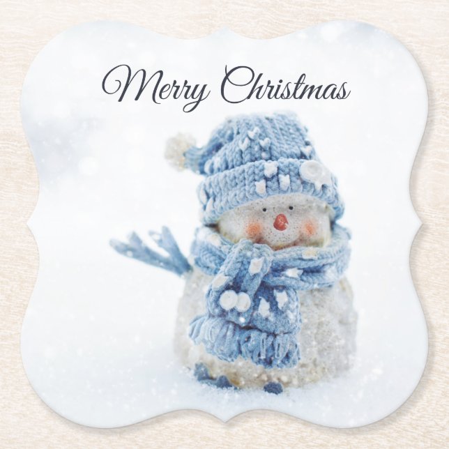 Photo of a Cute Snowman in Winter - Christmas Paper Coaster (Front)