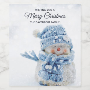 Photo of a Cute Snowman in Winter - Christmas Wine Label