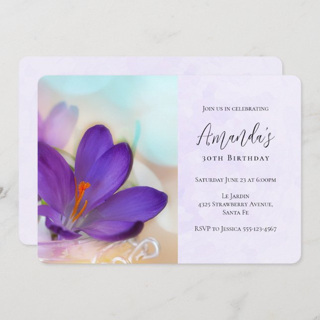 Photo of a Pretty Purple Spring Crocus Birthday Invitation (Front/Back)