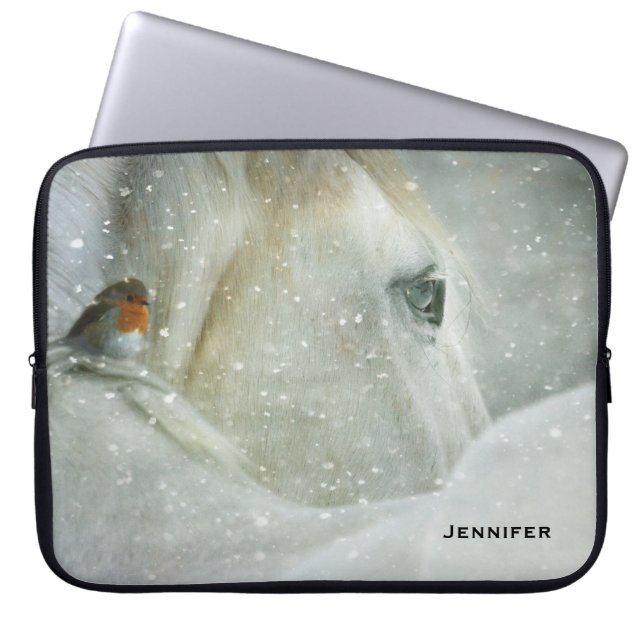 Photo of a White Horse and Bird in Winter Laptop Sleeve (Front)