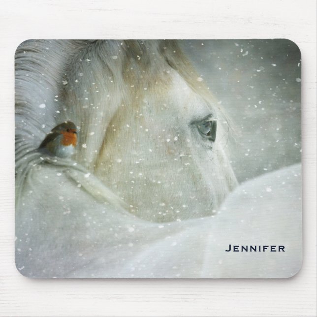 Photo of a White Horse and Bird in Winter Mouse Pad (Front)