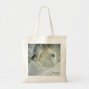 Photo of a White Horse and Bird in Winter Tote Bag