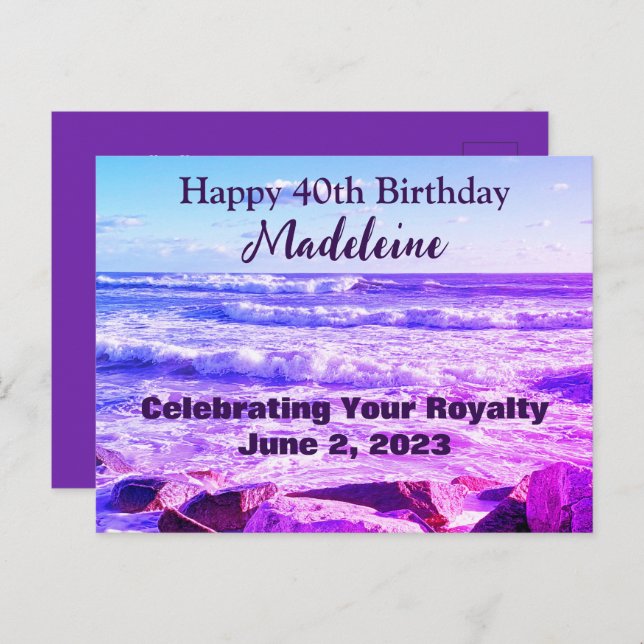 Photo of Atlantic Ocean Waves 40th Birthday Purple Postcard (Front/Back)