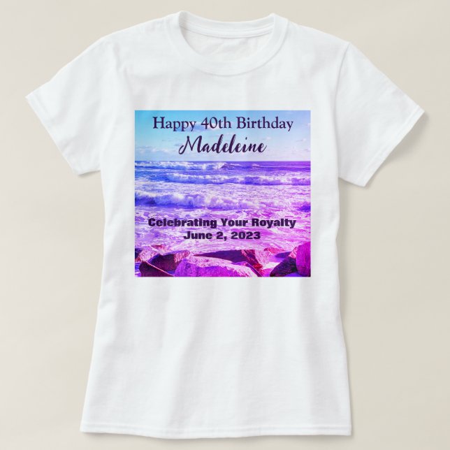 Photo of Atlantic Ocean Waves 40th Birthday Purple T-Shirt (Design Front)