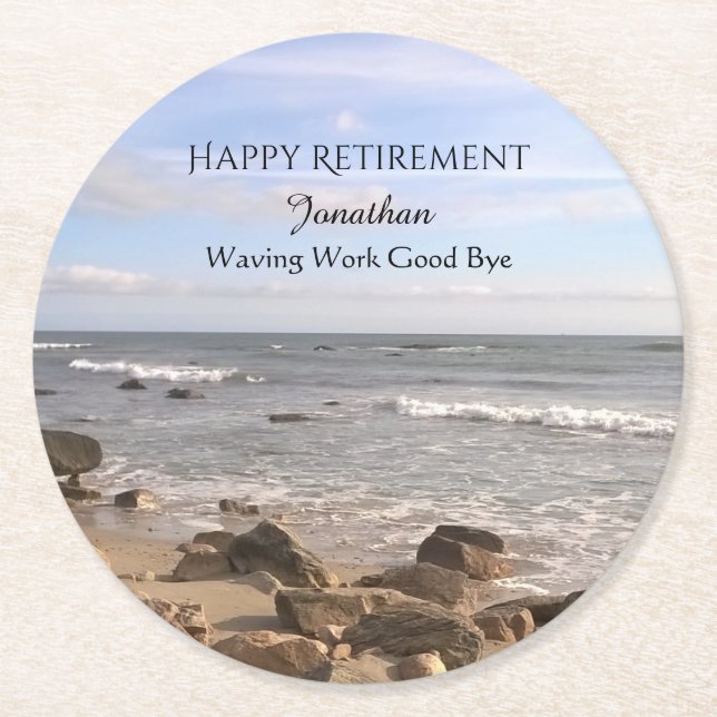 Photo of Atlantic Ocean Waves Happy Retirement Round Paper Coaster (Front)