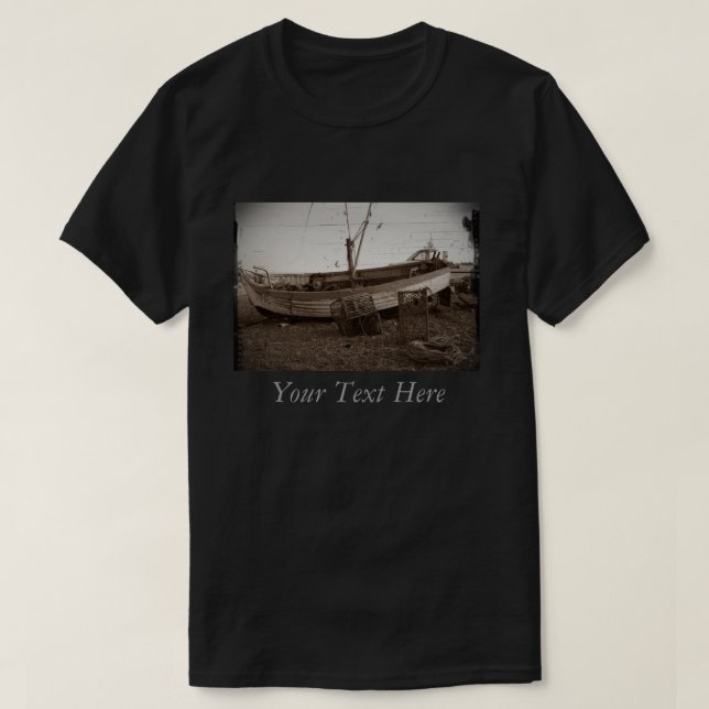 photo of boat and lobster pots on the beach T-Shirt (Design Front)