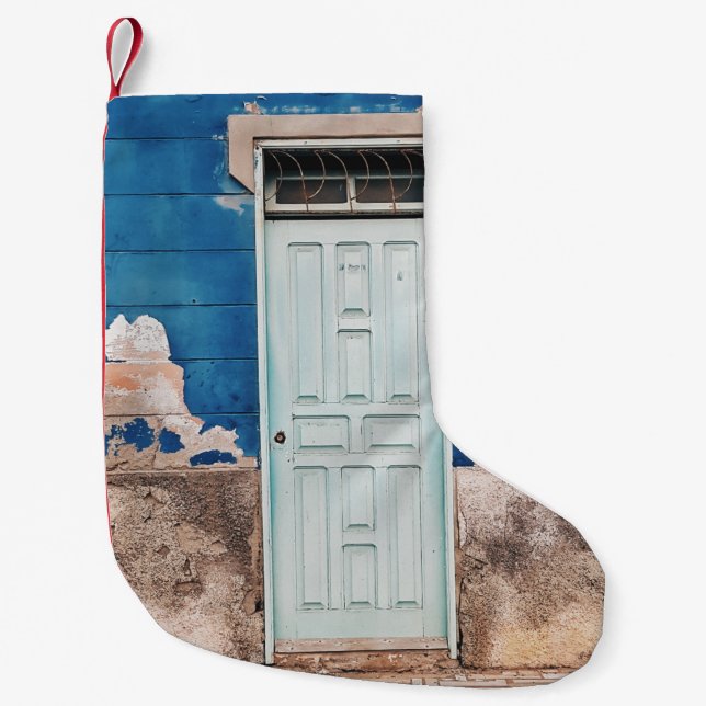 PHOTO OF BUILDING WITH WHITE WOODEN DOOR SMALL CHRISTMAS STOCKING (Front)
