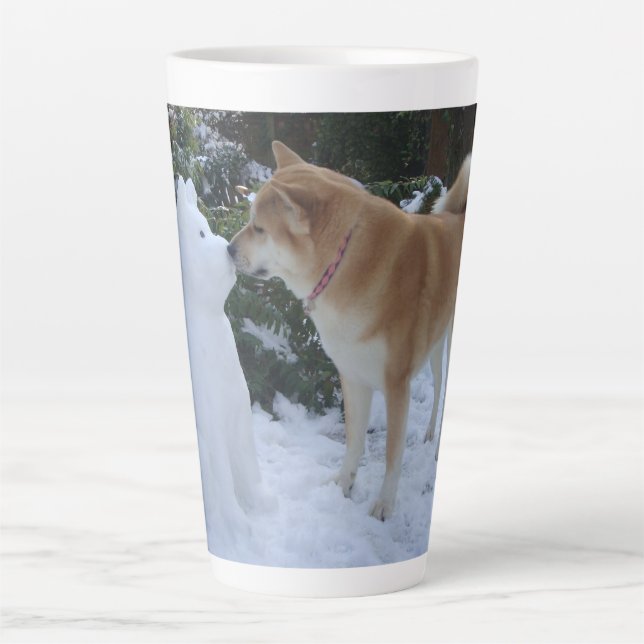 photo of cute akita kissing snowman dog latte mug (Front)