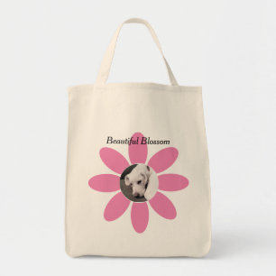Photo of Cute Dog on Beautiful Pink Blossom Tote Bag