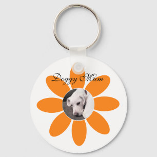 Photo of Cute Puppy Dog in Orange Flower Frame Key Ring