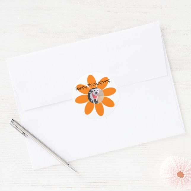 Photo of Cute Puppy Dog in Orange Flower Holiday Classic Round Sticker (Envelope)