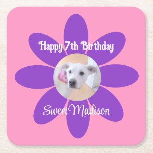 Photo of Cute Puppy Dog in Purple and Pink Flower Square Paper Coaster
