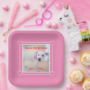 Photo of Cute Sweet White Puppy Dog Face Pink Paper Plate