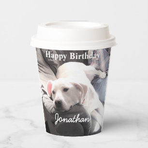 Photo of Cute Tired White Dog With Best Friend Dad Paper Cups