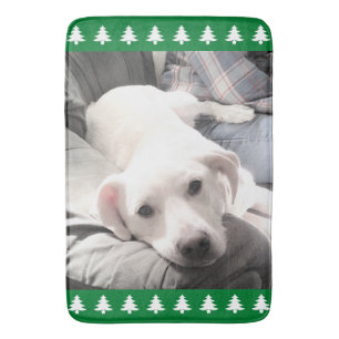 Photo of Cute White Dog Green Christmas Trees Bath Mat