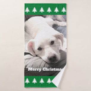 Photo of Cute White Dog Green Christmas Trees Bath Towel