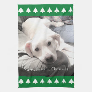 Photo of Cute White Dog Green Christmas Trees Tea Towel