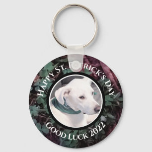 Photo of Cute White Dog Green Shamrocks Clovers Key Ring