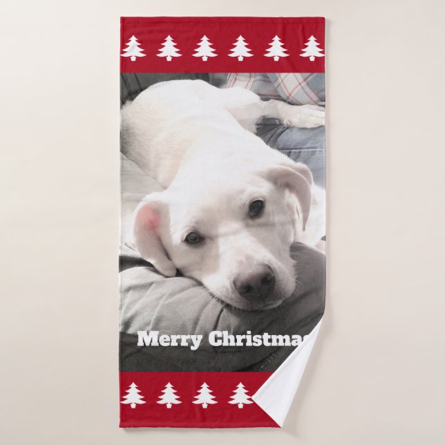 Photo of Cute White Dog Red Christmas Trees Bath T Bath Towel (Bath Towel)