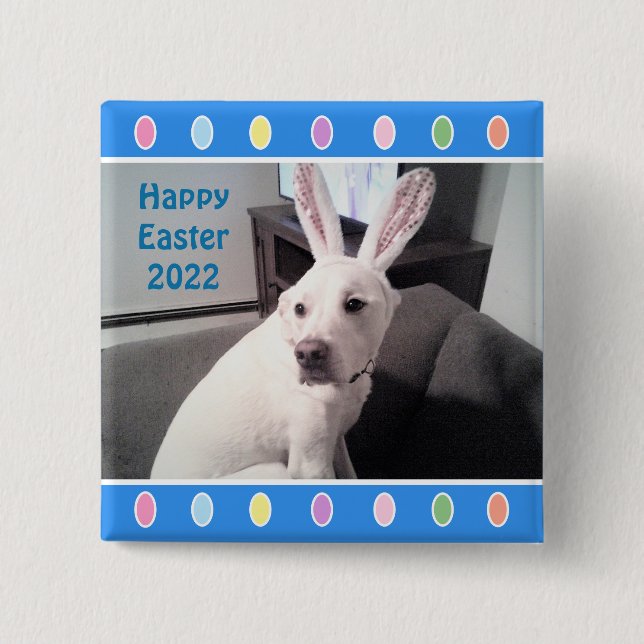 Photo of Cute White Dog Wearing Easter Bunny Ears 15 Cm Square Badge (Front)