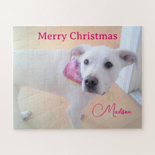 Photo of Cute White Dog Wearing Scarf Custom Name Jigsaw Puzzle