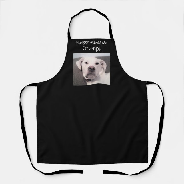 Photo of Cute White Grumpy Hungry Dog Black Funny Apron (Front)