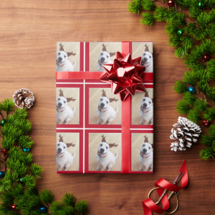 Photo of Cute White Reindeer Puppy Dog Red Wrapping Paper