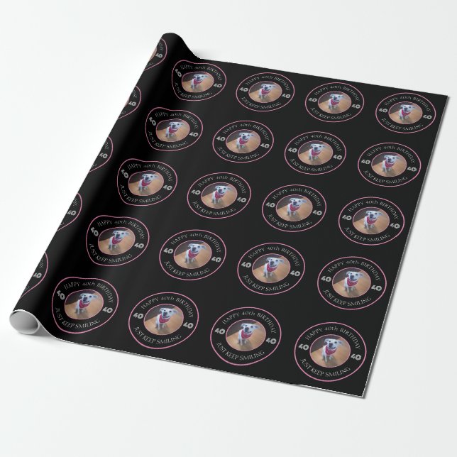 Photo of Dog Smiling Birthday 40 Black and Pink Wrapping Paper (Unrolled)