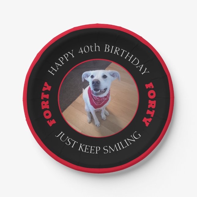 Photo of Dog Smiling Birthday 40 Black and Red Paper Plate (Front)