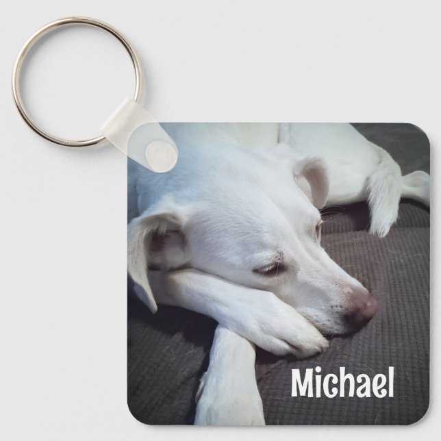 Photo of Dog with Cute Paws Custom Name Key Ring (Front)